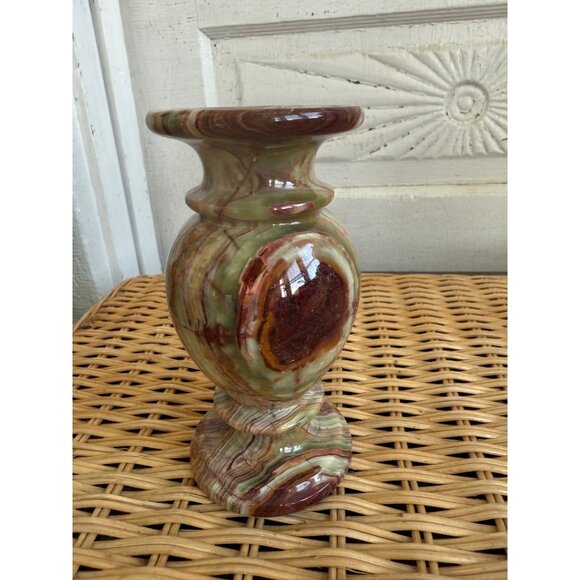 Vintage 70's Green & Brown Banded Onyx Agate Vase 6" Heavy Boho - Picture 5 of 8